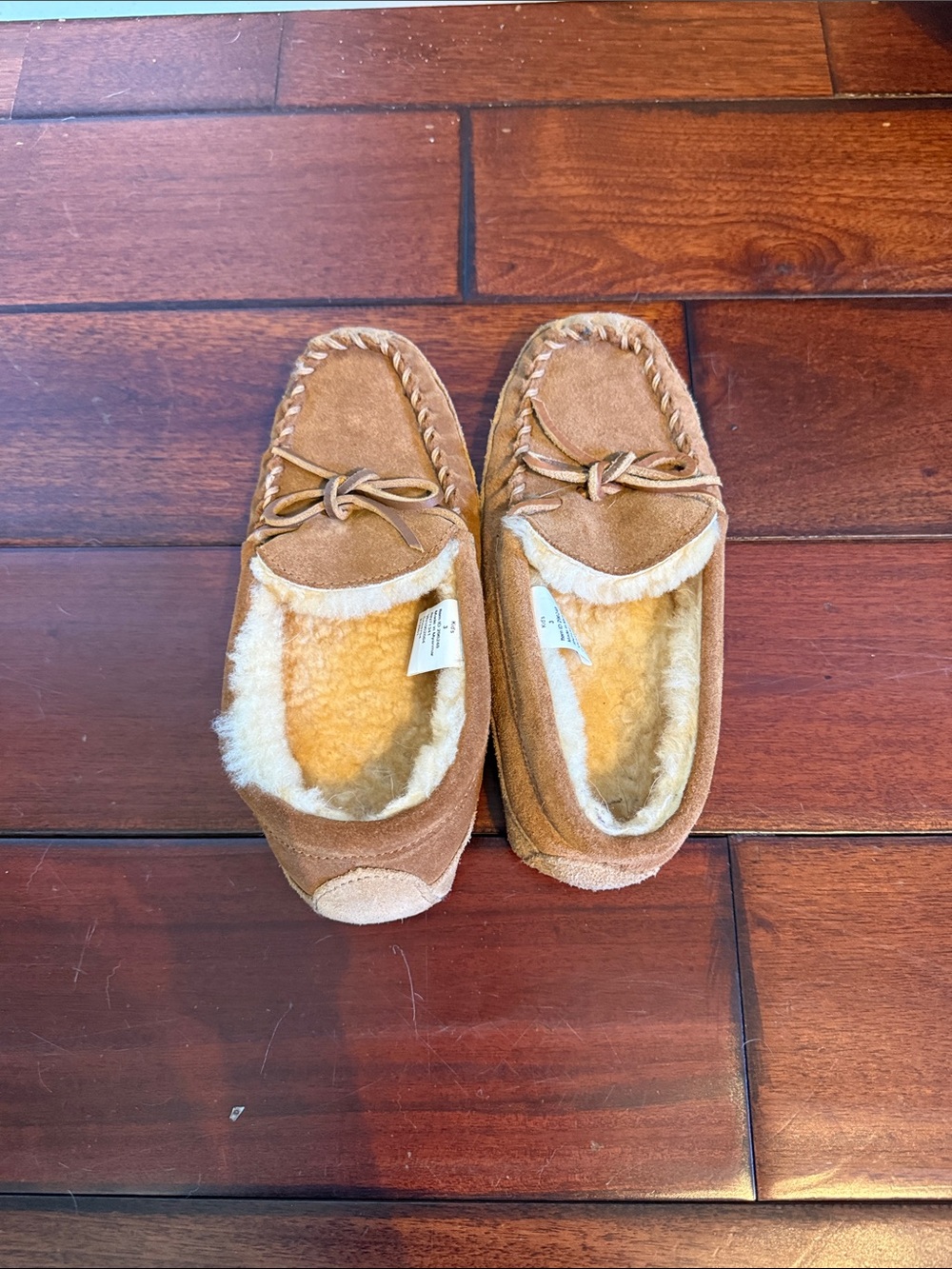 Kid’s LL Bean Suede Moccasin Slippers in Chestnut Brown with Shearling Lining